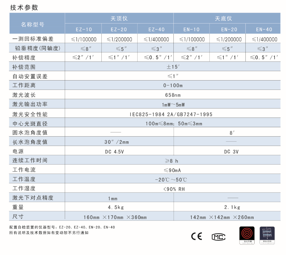 EZ-10、EZ-20、EZ-40激光自動(dòng)安平天頂儀/上垂準(zhǔn)儀技術(shù)參數(shù)